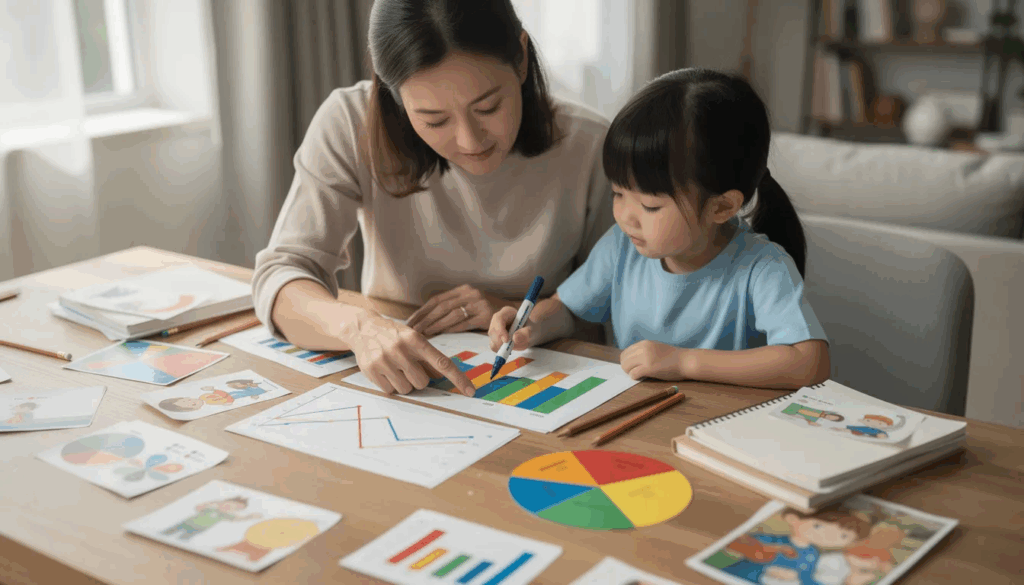 Parent Guiding Child Through Colorful Charts As Cbt Exercises For Adhd To Build Focus And Organization Skills.