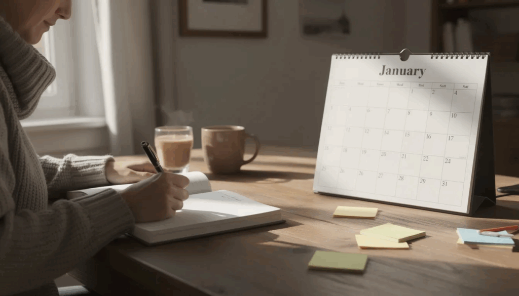 A Person Journaling Beside A January Calendar On A Wooden Table, Representing The Benefits Of Dry January Week By Week And The Progress Made Throughout The Month.